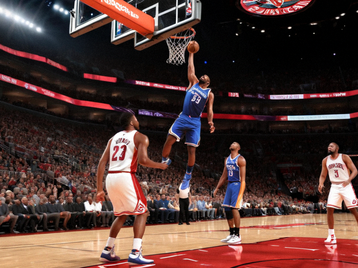 NBA 比赛中球员突破上篮，场边观众起立观看